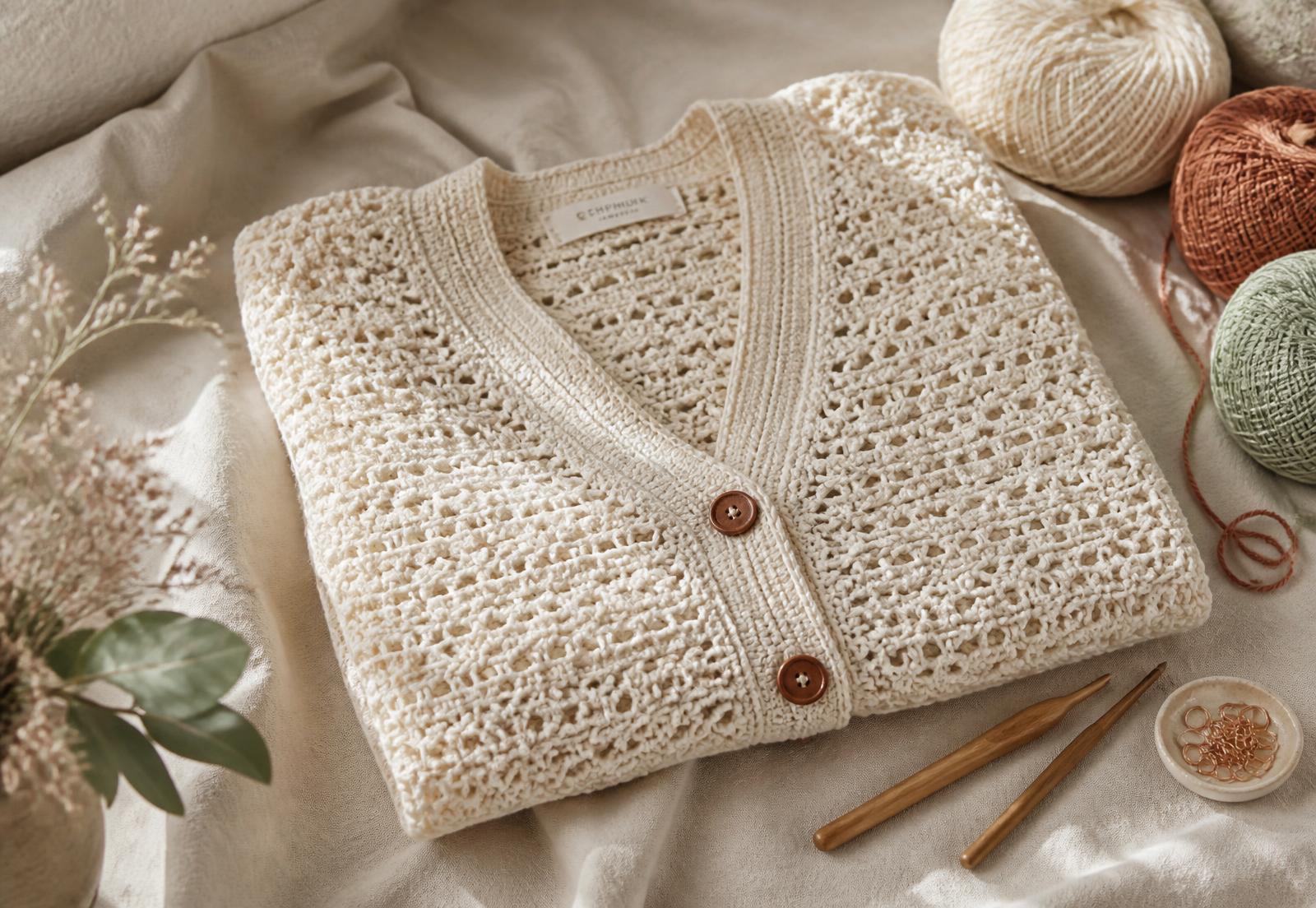 Hand-crocheted cream cardigan draped over a wooden chair